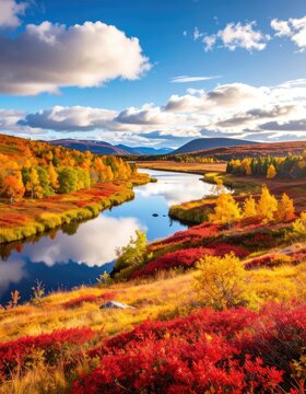 A winding river flows through a landscape ablaze with autumn colors.