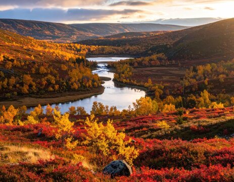 A vibrant autumn landscape unfolds with a winding river reflecting the warm hues of fall foliage.