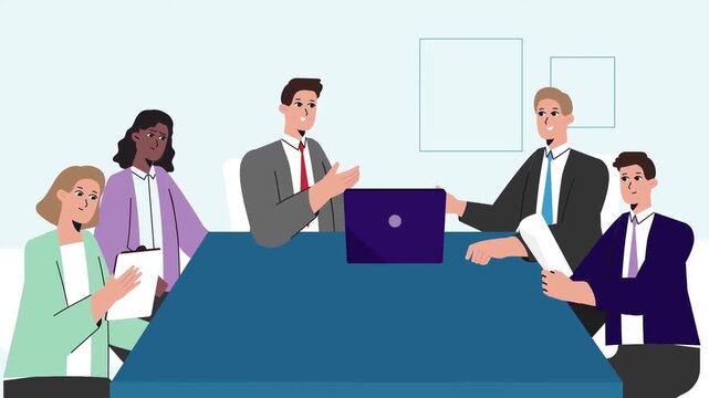 2D animation of a diverse corporate team sitting around a boardroom table discussing strategy in office meeting