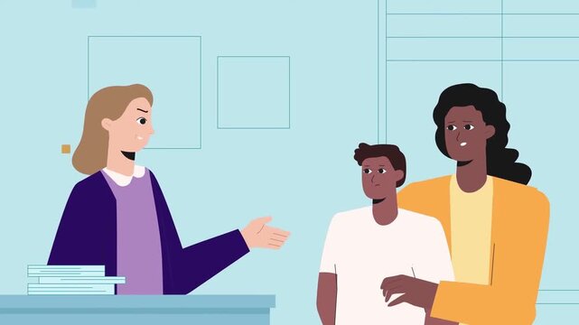 2D animation of a female counselor or teacher having a consultation with a mother and young son indoor meeting