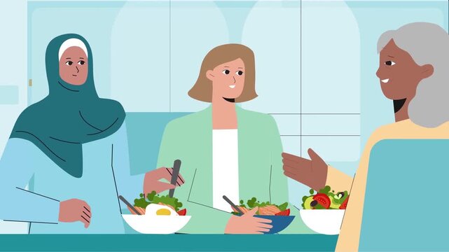 2D animation of three diverse women sitting at a table eating healthy salad and chatting friendly lunch concept