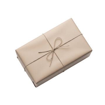 Small gift box wrapped in brown paper with a string tie isolated on transparent background