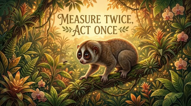 Adorable Loris on a branch in a lush jungle, with text "Measure Twice, Act Once", inspirational and wise.