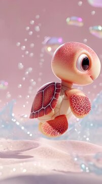 Cute 3D animated pink baby sea turtle swimming underwater in crystal clear ocean with bubbles and soft sand background
