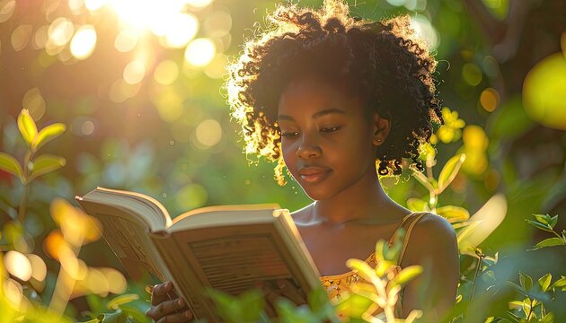 A young Black girl reads a book outdoors bathed in warm sunlight.