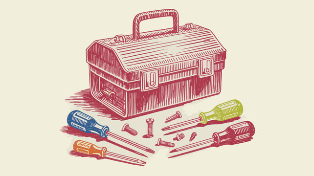 Vintage toolbox vector illustration, retro metal tool box with screwdrivers and screws, hand drawn hardware equipment for home repair
