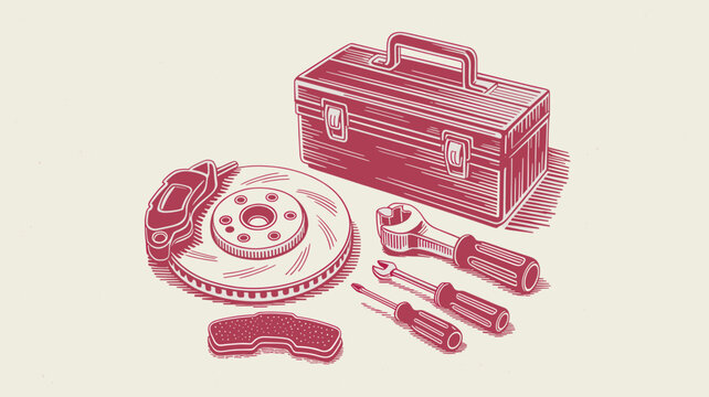 Vintage mechanic tool box and car brake parts, retro hand drawn automotive repair equipment, woodcut style garage tools vector