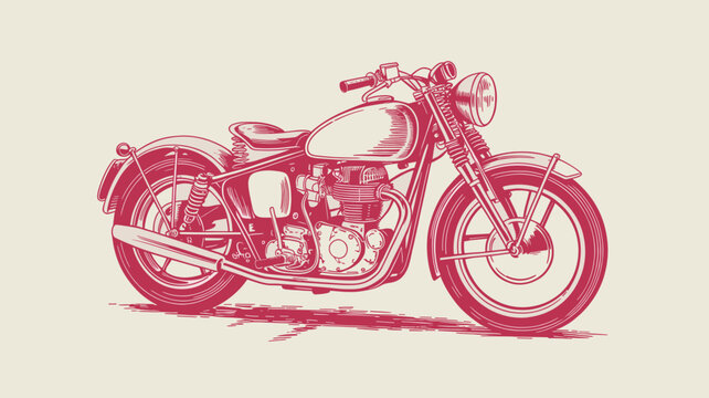 Vintage motorcycle illustration in red ink style. Classic retro motorbike vector. Hand drawn cafe racer sketch for apparel design.