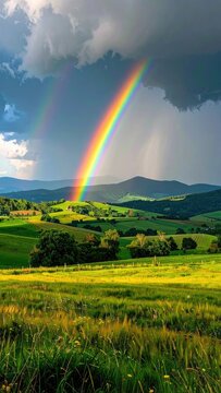 A vibrant double rainbow arches over rolling green hills after a rain shower.