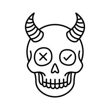 Devil skull icon with check and cross marks in line art style