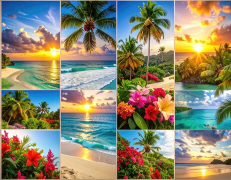 Vibrant tropical paradise with stunning sunsets and lush flora.