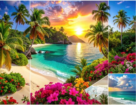 A vibrant collage of tropical island scenes showcasing turquoise waters, sandy beaches, lush palm trees, and colorful flowers under a dynamic sky.