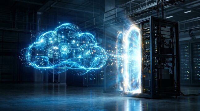 Cloud Migration and Scalable Digital Infrastructure, Digital cloud technology emerging from a data server door with glowing connections.