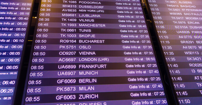Big display in international airport. Airport departure board