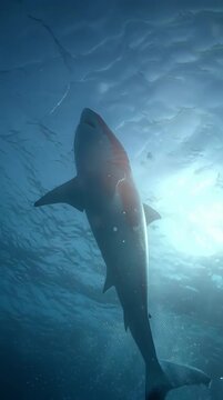 Great White Shark Swimming in Blue Ocean Under Sunny Surface
