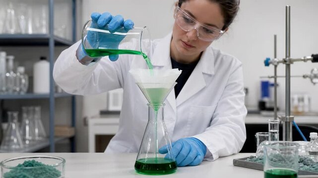 Female scientist laboratory chemical experiment with green liquid in glassware performing filtration research wearing protective eyewear blue glove