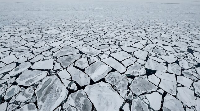 Vast expanse of fractured ice floes spread across a frozen surface under a clear sky