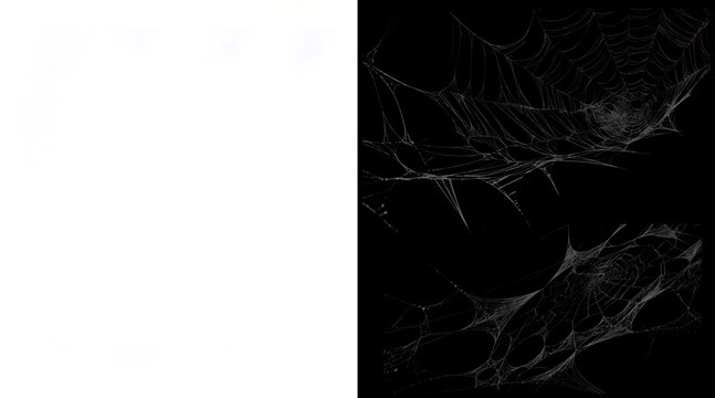 Spooky spider web illustration set, realistic white cobweb textures on black background, gothic halloween design elements for horror posters