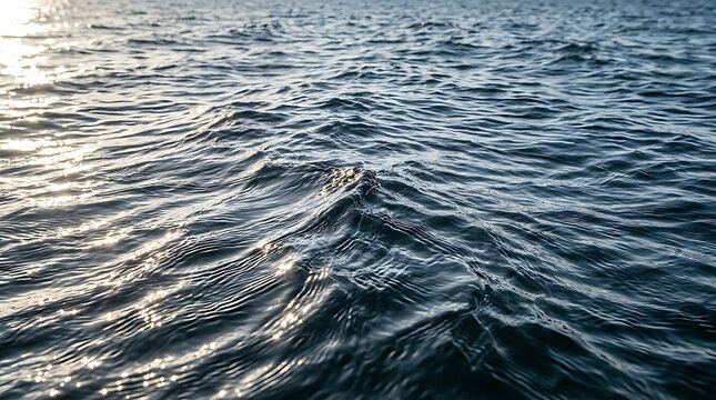 Close up of deep blue rippling water surface on the open ocean with gentle waves reflecting natural light