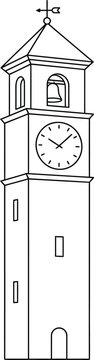 Minimalist black outline drawing of a historic town square clock tower with a bell and weather vane