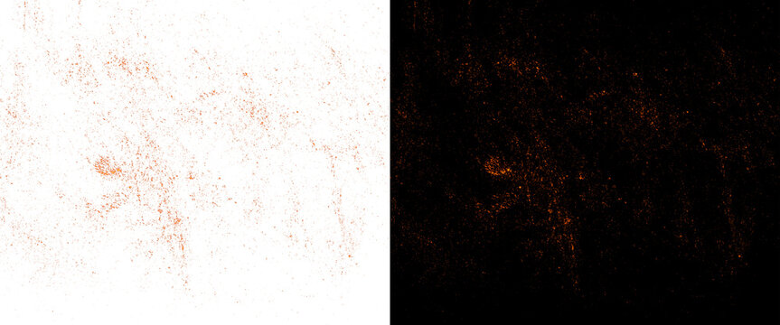 Grunge texture overlay set, distressed copper dust on white and black backgrounds, vintage rust effect vector elements