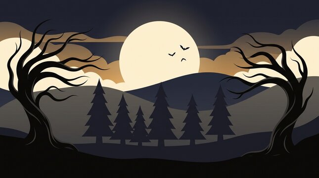 Eerie Halloween Landscape with Spooky Gnarled Trees and Full Moon Vector Background