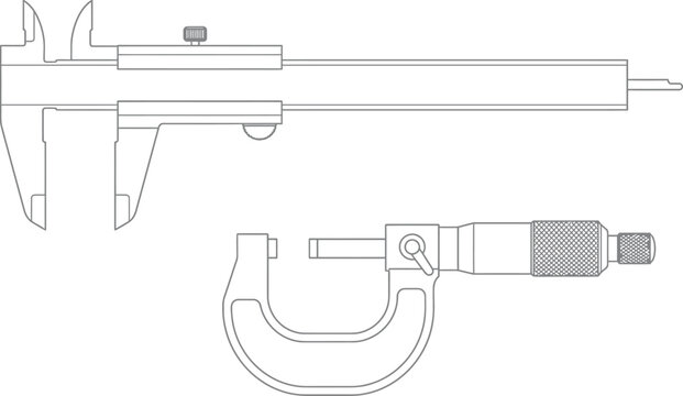 Technical illustration of precision measuring tools including vernier caliper and micrometer for engineering and manufacturing