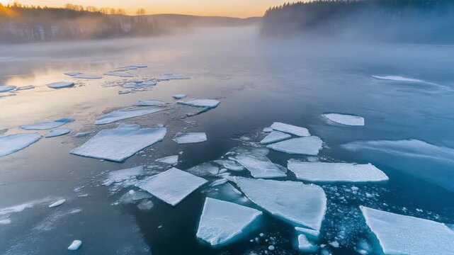 Aerial view of ice floes drifting on a cold misty river during a winter sunrise.