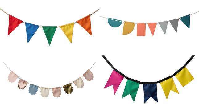Colorful party flags hanging on strings for festive celebrations and decorations transparent background