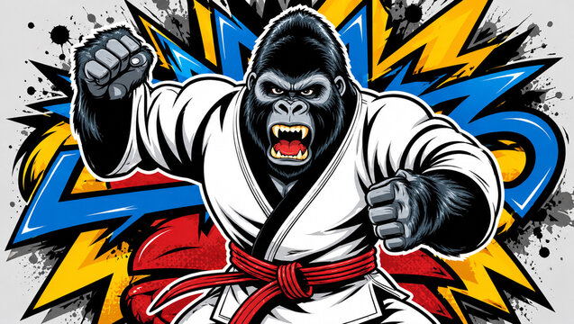 Gorilla martial arts fighter throwing powerful punch vector sports mascot