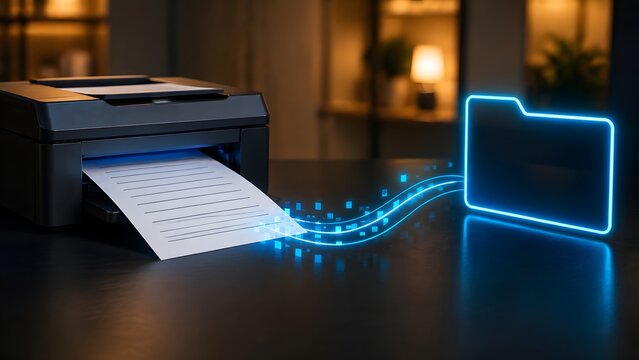 Digital transformation concept illustrating a physical paper document converting into glowing data pixels and transferring directly to a virtual cloud storage folder