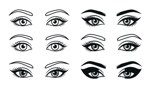 Beautiful female eyes with eyebrows and eyelashes vector set. Collection of 6 eye makeup styles and lash extensions for beauty salon branding.