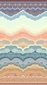 Layered ornamental border pattern&mdash;soft cloud‑scalloped shapes & filigree lace texture, indigo‑blush‑sand‑cream gradient bands, rich ethnic‑inspired symmetrical elegant repeating design.