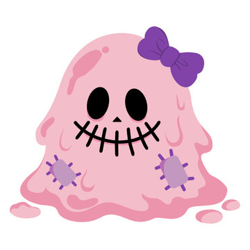 Pink skeleton slime monster with bow and stitches halloween