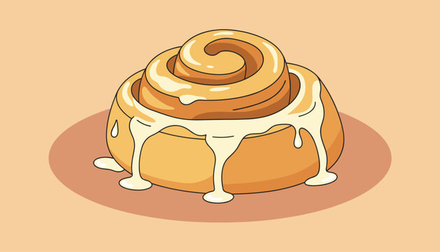 Delicious glazed cinnamon roll bun illustration with dripping white sugar frosting on an orange circular background.