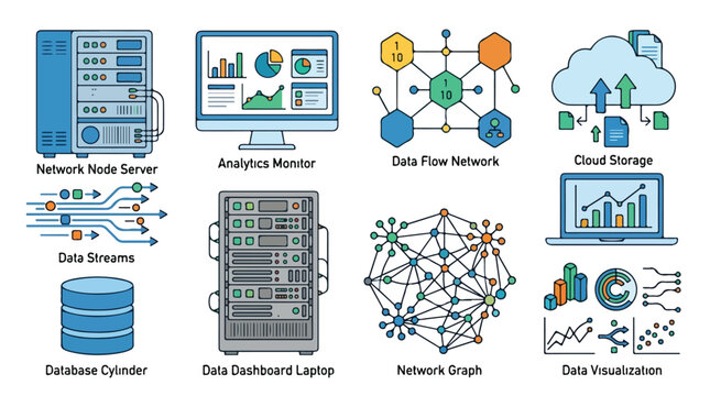 Vector Illustration of Data Network Icons in Modern Style with Geometric and Organic Elements in Blue and Green Colors