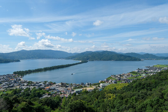 Panoramic aerial view of Amanohashidate sandbar and Aso Sea in Kyoto Japan