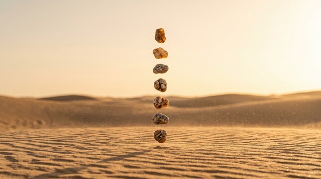 Mindfulness balance concept with vertical stack of stones levitating above desert sand dune at sunset