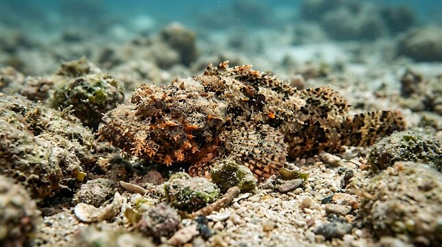 Camouflaged stonefish resting on a rocky ocean floor in clear blue water, a master of disguise in its natural underwater habitat