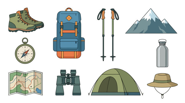 Vector Camping Equipment Illustration with Mountain Tent Backpack and Navigation Elements in Modern Minimalist Style