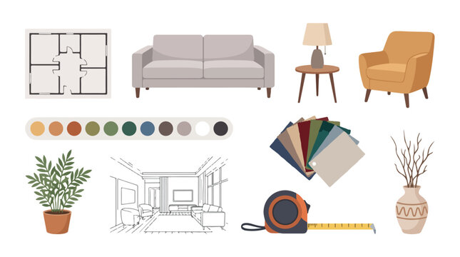 Minimalist Vector Interior Design Elements with Furniture and Decor in Neutral Colors
