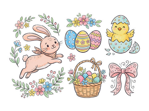 Cute Easter doodle icon set with bunny chick in egg basket floral frame on white background