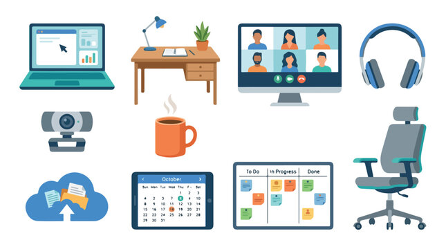 Vector Illustration of Office and Remote Work Equipment in Modern Flat Style with Blue Green Color Palette