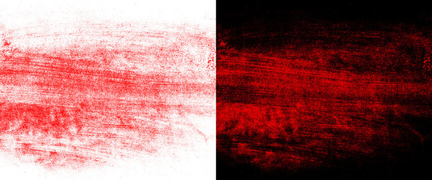 Red grunge texture set on white and black backgrounds, distressed paint stroke overlays, abstract weathered crimson brush effects