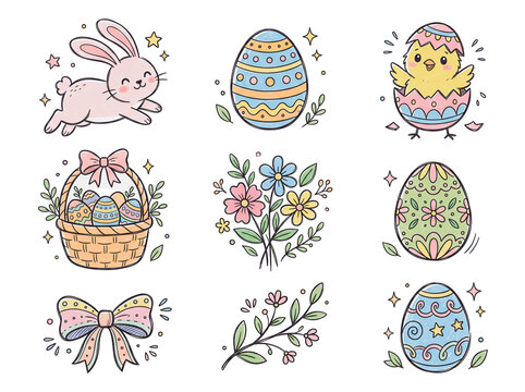 Cute Easter doodle icon set with bunny chick in egg basket floral frame on white background