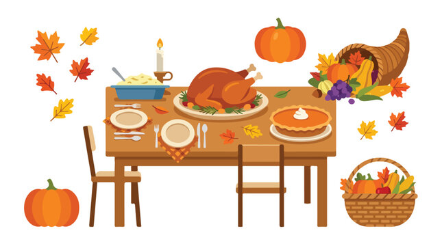 Vector Illustration of Autumn Dinner Table with Pumpkin Fruits and Fall Leaves in Vintage Style