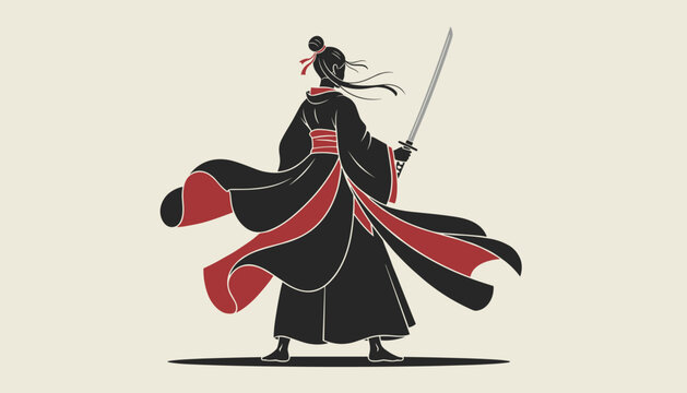 Flowing robes of a samurai female warrior holding a katana sword are captured in this dramatic black and red silhouette design.