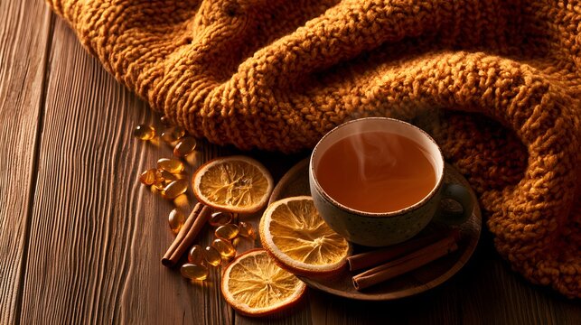 Gem&uuml;tliches Herbst-Stilleben mit Hei&szlig;en Tee, Vitaminen und Strickschecke f&uuml;r Gesundheitsblogs, Wellness-Banners und Social-Media-Posts
