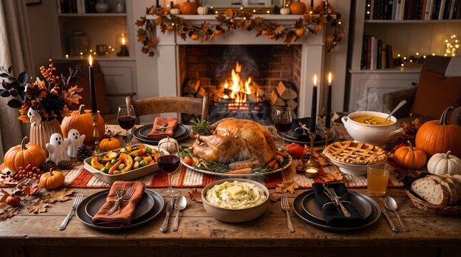 Warm Halloween Celebration Dinner Table with Roasted Turkey and Fall Decor