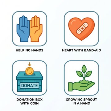 Set of four flat charity icons featuring helping hands, a mended heart, a donation box with a coin, and a growing sprout in a hand. Perfect for non-profit and volunteering design projects.